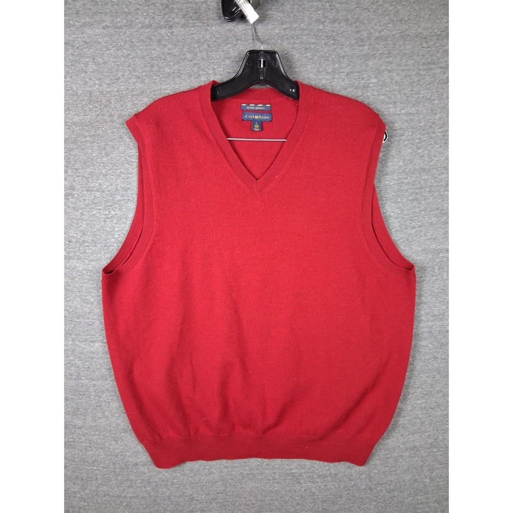 Club Room Mens Sweater Large Red Estate 100% Merino Vest Holiday Dad Grandpa